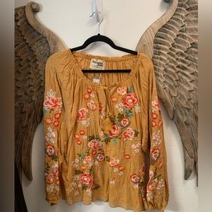 Mustard color blouse with multi colored embroidery